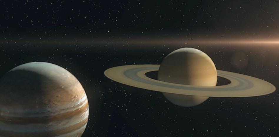 Esquema de la conjunción de Júpiter y Saturno con sus lunas | Federación de Asociaciones Astronómicas de España