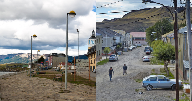 A la izquierda Puerto Natales (crédito ravas51). A la derecha Río Turbio (	Christer T Johansson) | Wikimedia Commons