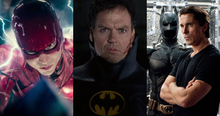 Ezra Miller como Flash | Michael Keaton como Batman | Christian Bale como Batman