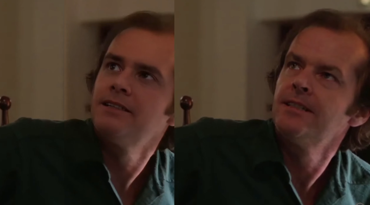Deepfake de una escena de El Resplandor: a la izquierda se ve el rostro de Jim Carrey por sobre el de Jack Nicholson