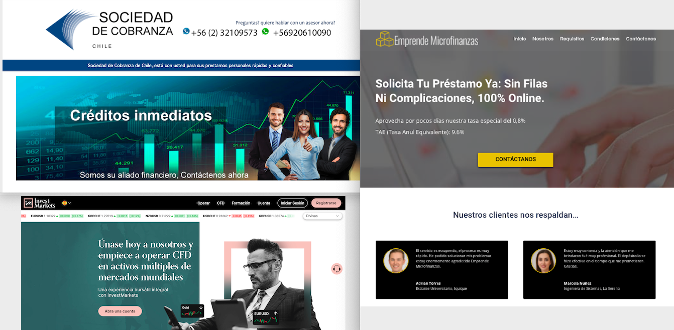 Tres de los ocho sitios web de las entidades que podrían estar realizando estafas.