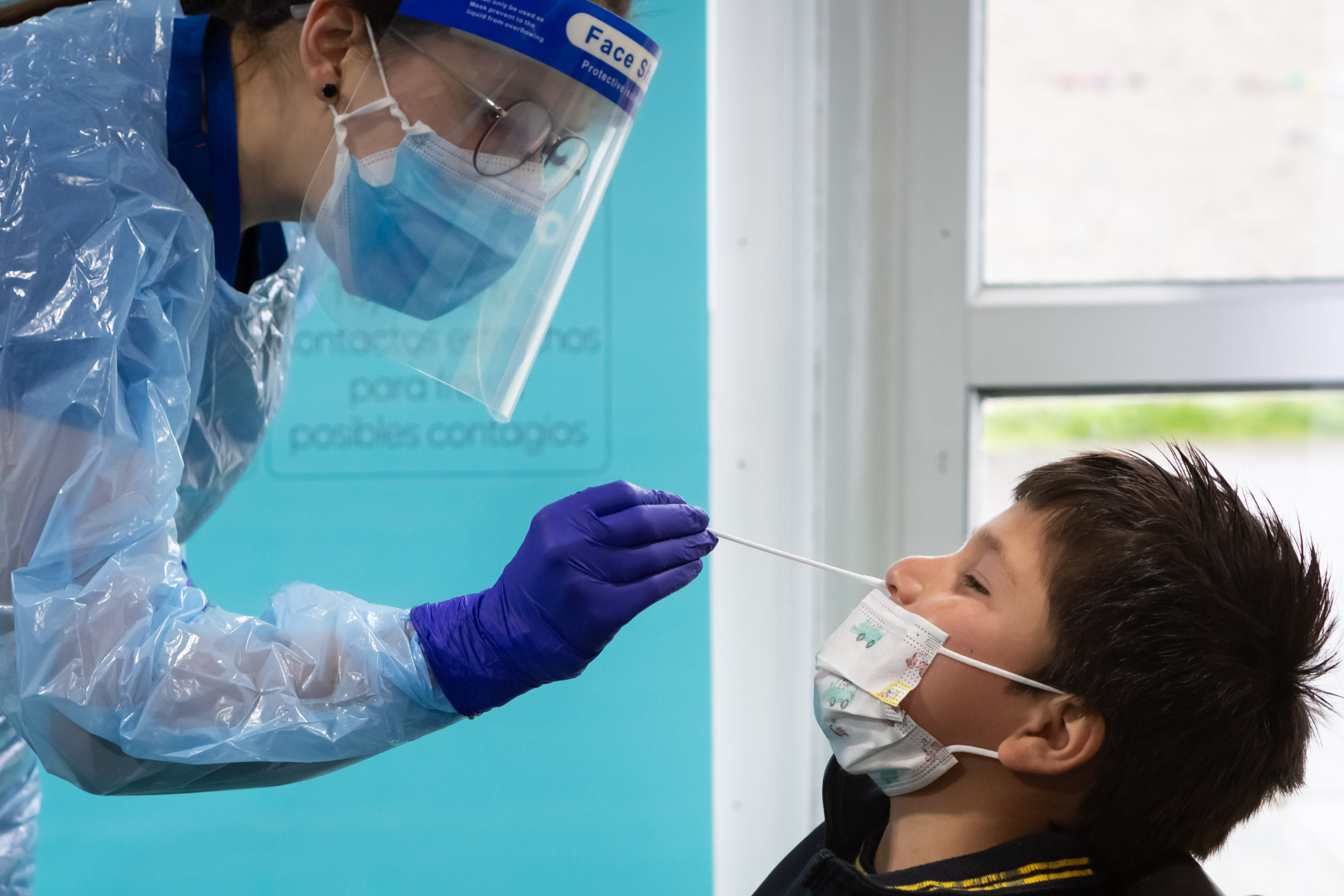 Una mujer contraje, guantes, mascarilla y mascara facial aplica un test PCR a niño escolar en Puerto Montt | Felipe Constanzo, Agencia UNO. 