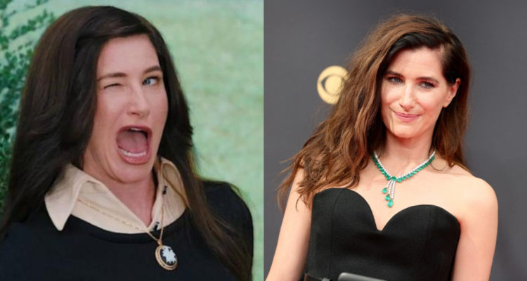 Kathryn Hahn en Wandavision a la izquierda y en la alfombra roja de los Emmy a la derecha