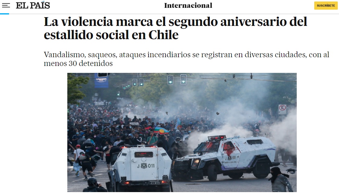 Prensa internacional destaca "saqueos y destrozos" por segundo aniversario del "estallido" en Chile