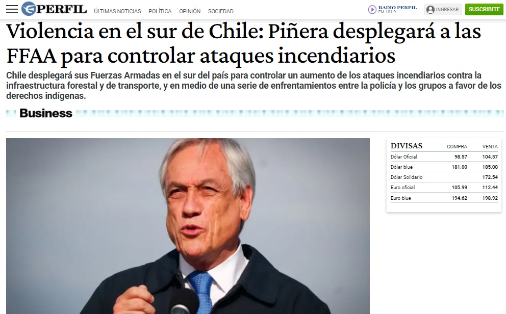 "Momento de debilidad": Piñera y militarización de la Macrozona Sur llegan a medios internacionales