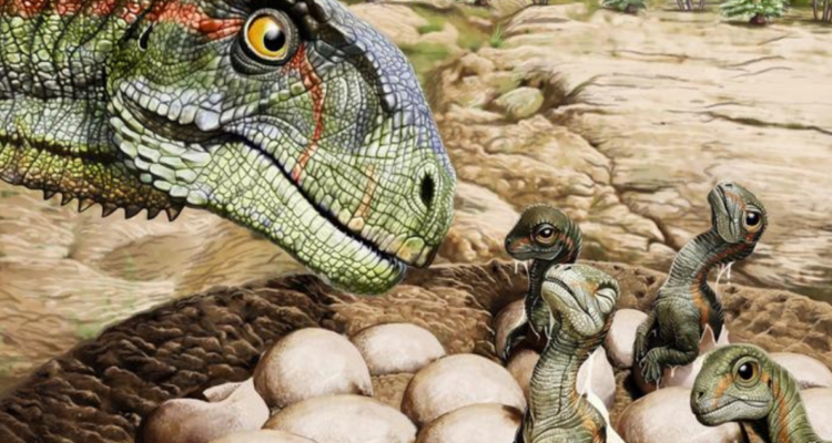 Ilustración del Mussaurus patagonicus, junto a sus crías