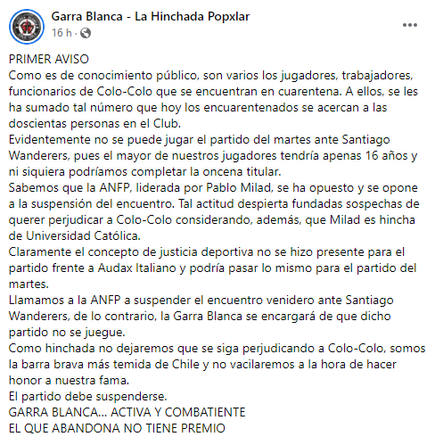 Captura | Facebook Garra Blanca - La Hinchada Popxlar