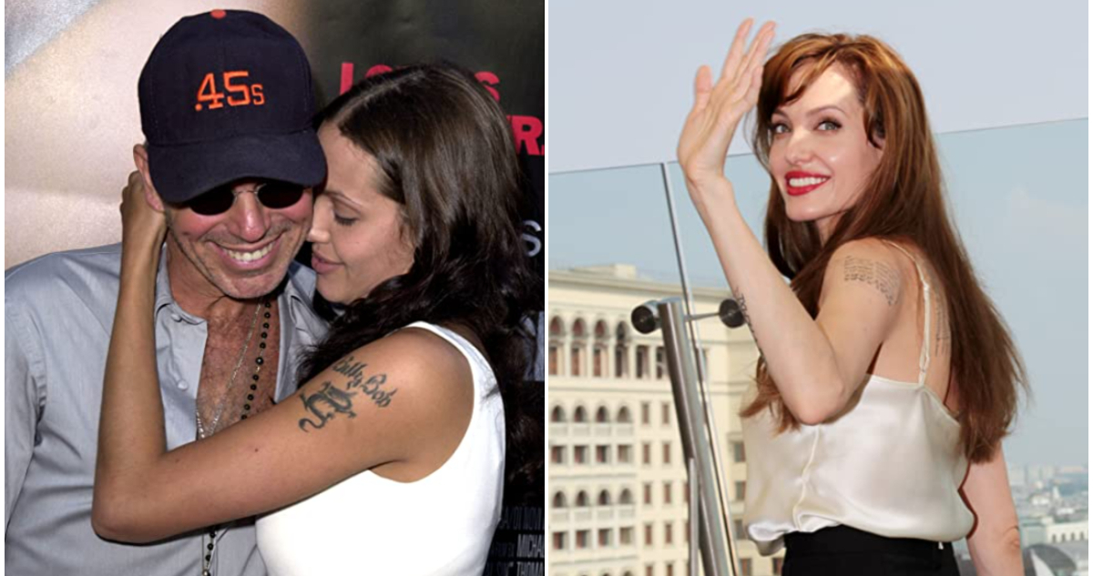 La actriz con su expareja y el tatuaje con su nombre y Jolie años después con otro tatuaje.