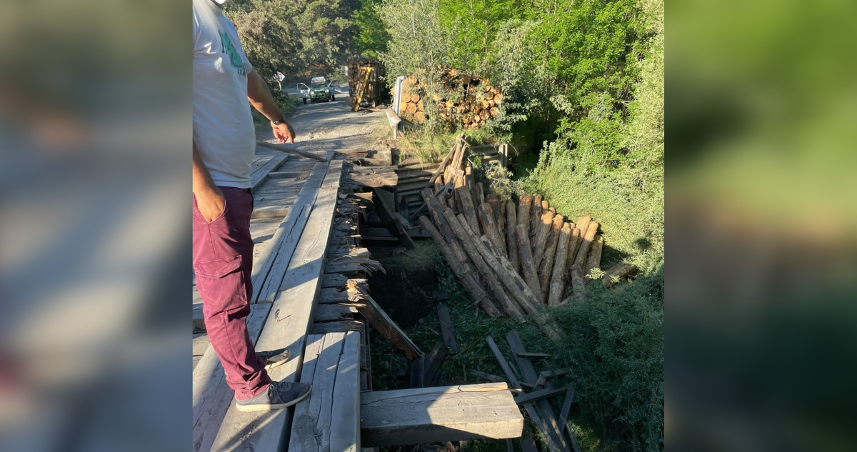 Camión destruye parte de puente de madera. 