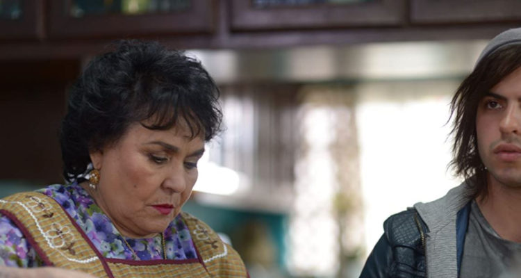 La actriz mexicana Carmen Salinas aparece cocinando mientras utiliza un delantal de cocina.