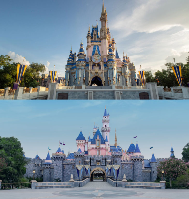 Castillo de Walt Disney World (arriba) y castillo de Disneyland (abajo)