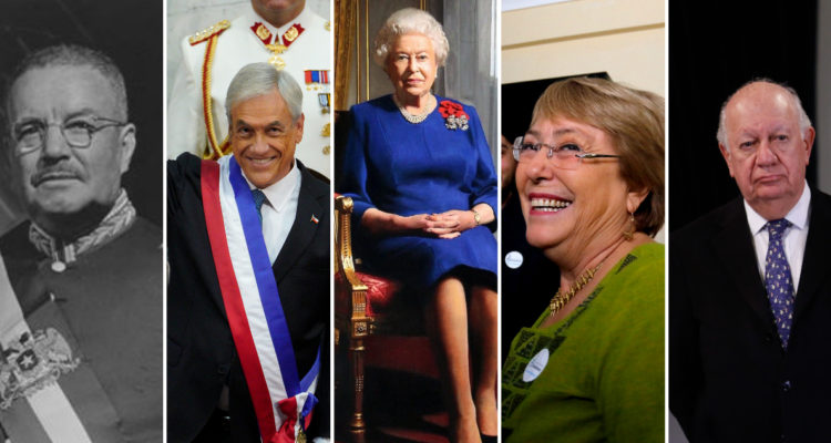 Carlos Ibáñez del Campo, Sebastián Piñera, la reina Isabel II, Michelle Bachelet y Ricardo Lagos.