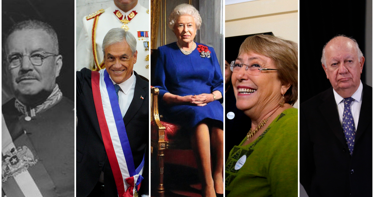Carlos Ibáñez del Campo, Sebastián Piñera, la reina Isabel II, Michelle Bachelet y Ricardo Lagos.