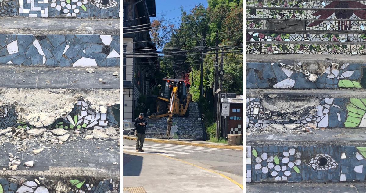 Daños a escalera adornada por artistas en Puerto Varas.