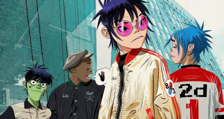 En la imagen aparecen los personajes ficticios de la banda: el bajista Murdoc Niccals, el baterista Russel Hobbs, la guitarrista Noodle y el cantante 2D.