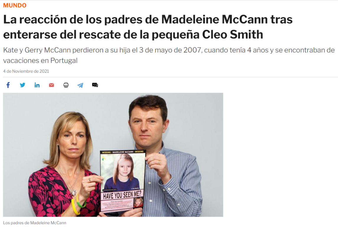 Titular de Infobae sobre la supuesta cita de los padres de Madeleine McCann.