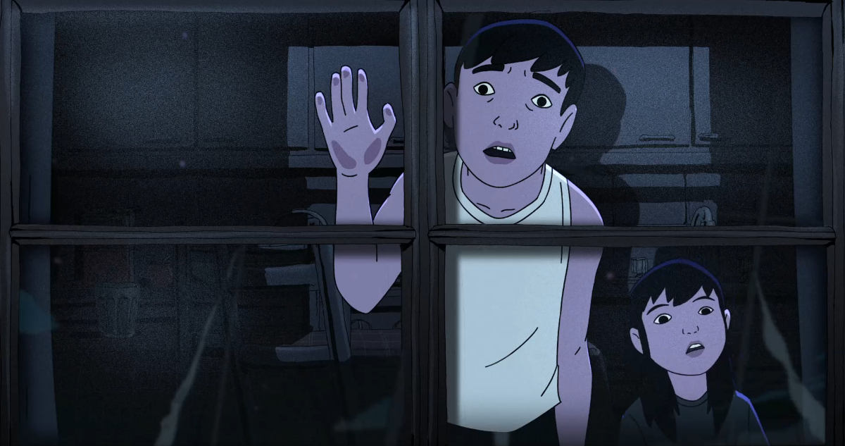 La imagen es un extracto del traikler del corto donde se ve a Martina y su padre mirando por la ventana de su casa.