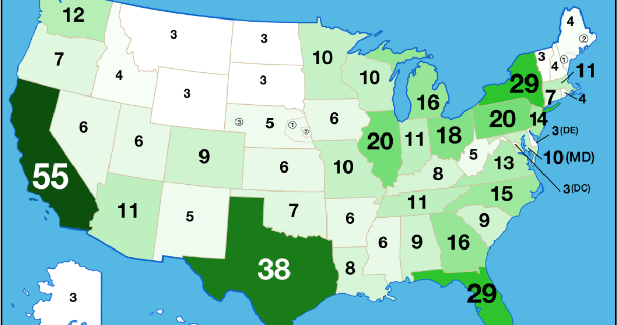 Mapa de Estados Unidos dividido por el Colegio Electoral y sus estados