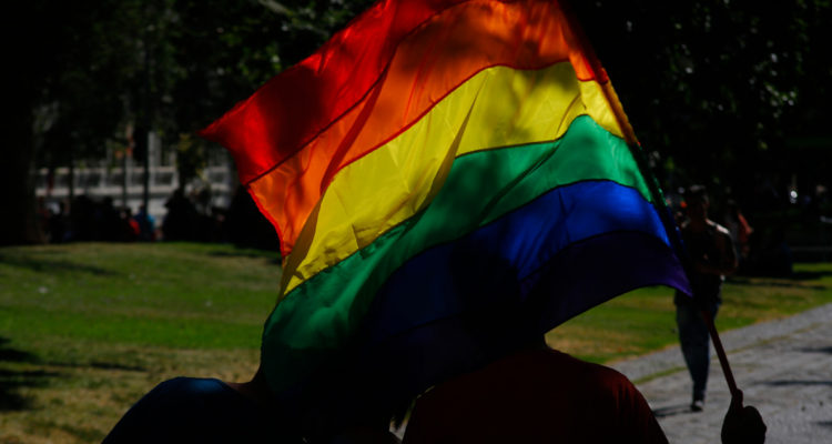 Persona marcha con bandera de la diversidad sexual.