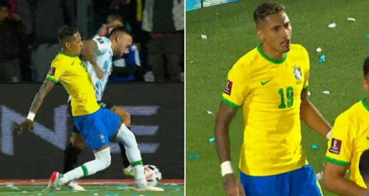 Nicolás Otamendi le propinó un feo codazo a Raphinha.