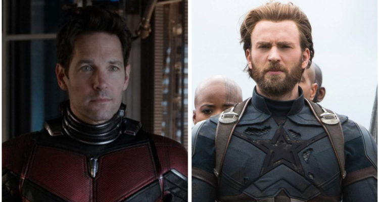 El actor Paul Rudd en su traje de ant-Man y a su lado, Chris Evans con su traje de Capitán América.