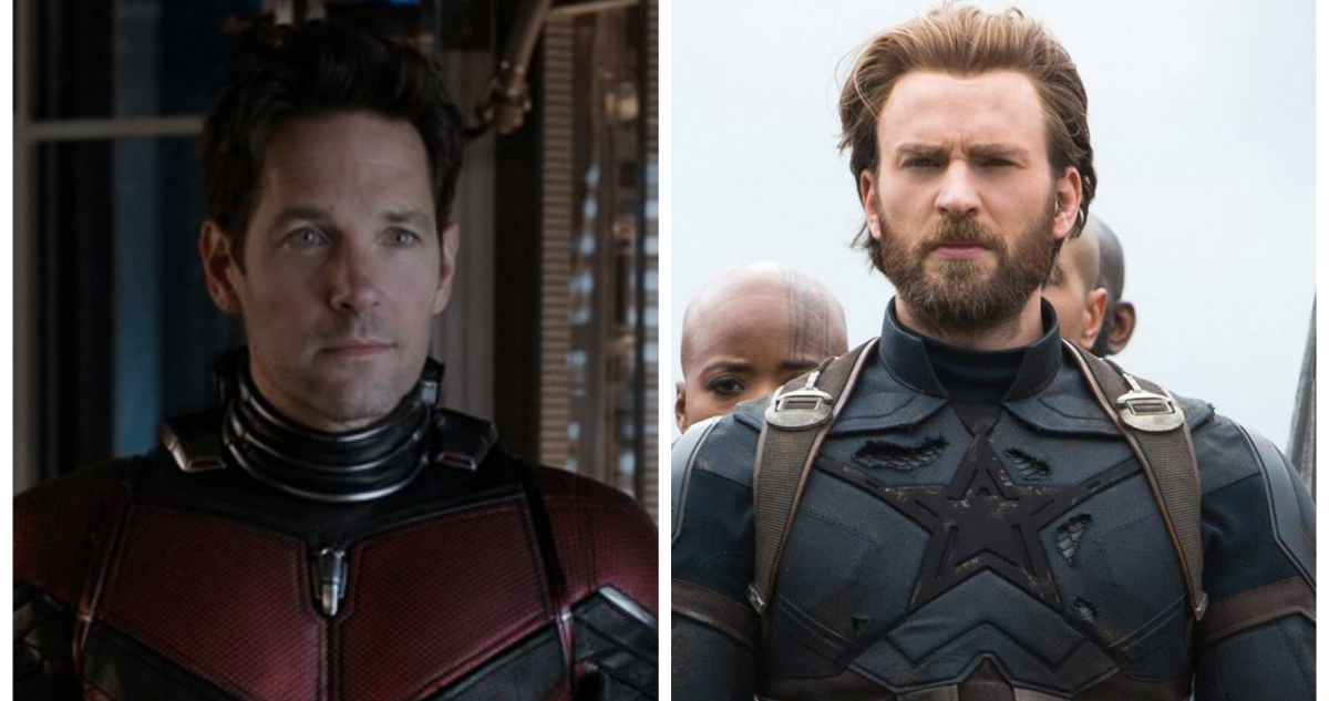 El actor Paul Rudd en su traje de ant-Man y a su lado, Chris Evans con su traje de Capitán América.