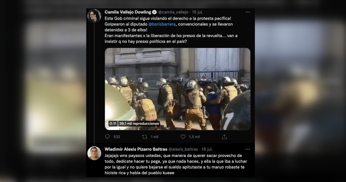 Respuesta de Wladimir Pizarro a Camila Vallejo en Twitter