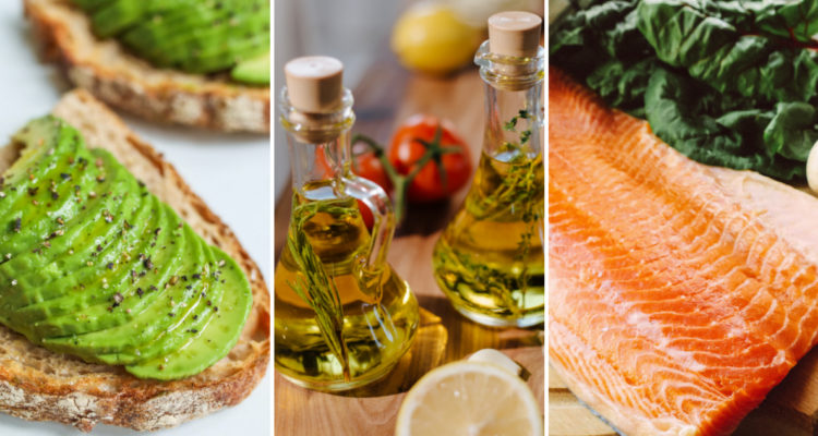 En la imagen se ven tres fotografías: una es un pan con palta, otra son dos botellas con aceite y en la última se ve un salmón fileteado.