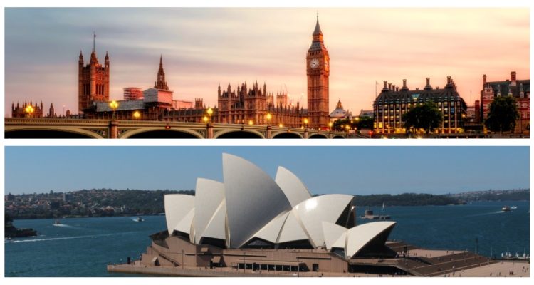 Foto del Palacio de Westminster y la Sydney Opera House luego que Reino Unido y Australia firmaran TLC tras Brexit