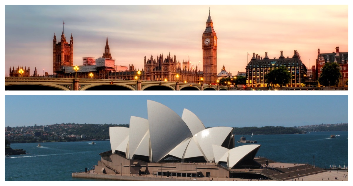 Foto del Palacio de Westminster y la Sydney Opera House luego que Reino Unido y Australia firmaran TLC tras Brexit