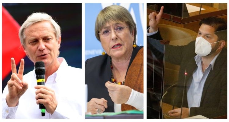 Foto compuesta de Bachelet, Kast y Boric