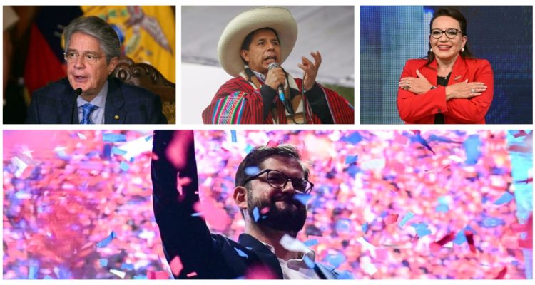 Imagen compuesta por fotografías de Gabriel Boric, Guillermo Lasso, Pedro Castillo y Xiomara Rojas.