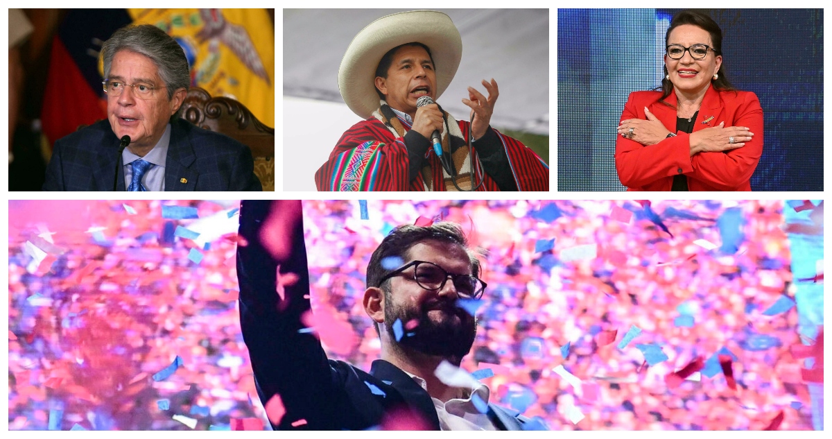 Imagen compuesta por fotografías de Gabriel Boric, Guillermo Lasso, Pedro Castillo y Xiomara Rojas.