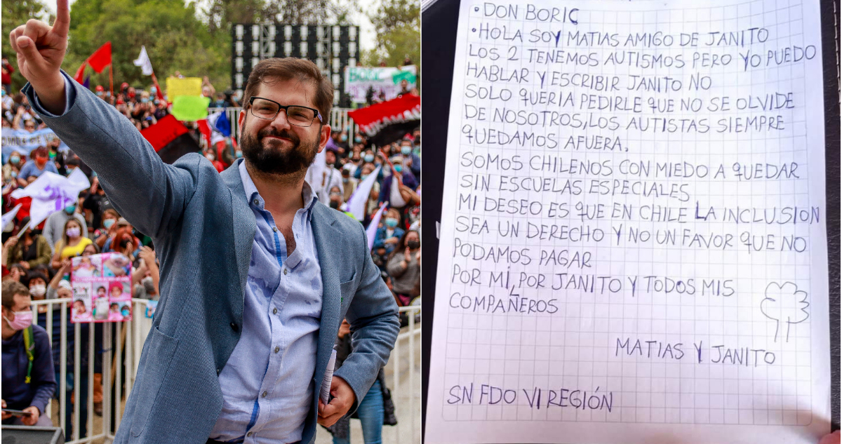 El Presidente electo Gabriel Boric y a su lado una imagen de la carta.