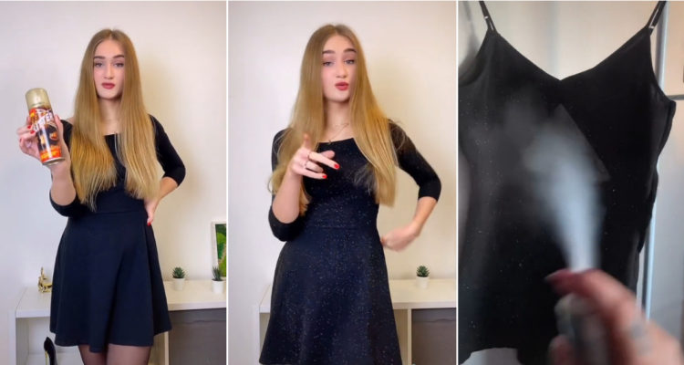 Capturas de una chica que mostró el antes y después de probar el glitter en su vestido, así como otra captura de alguien rociando el prodocto en una prenda.