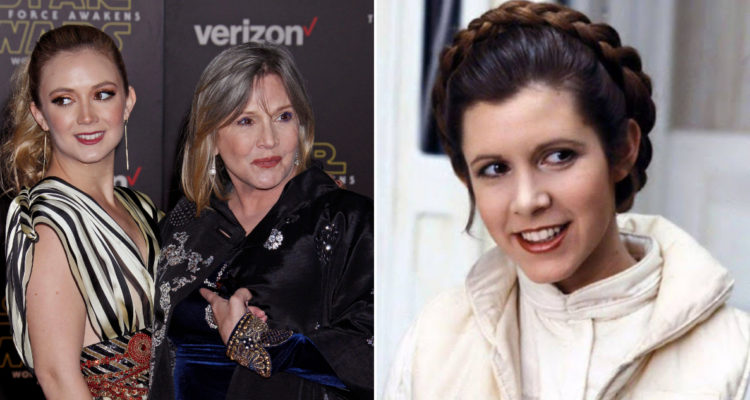 Una foto de Carrie Fisher y su hija Billie Lourd. A su lado, una foto de Fisher como princesa Leia.