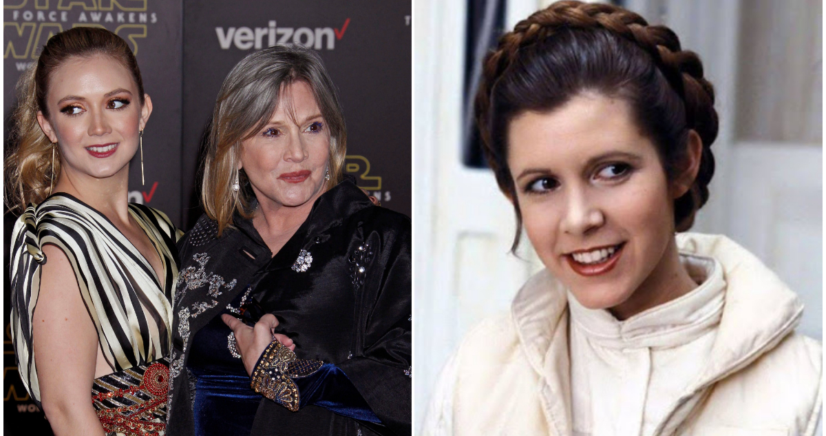 Una foto de Carrie Fisher y su hija Billie Lourd. A su lado, una foto de Fisher como princesa Leia.