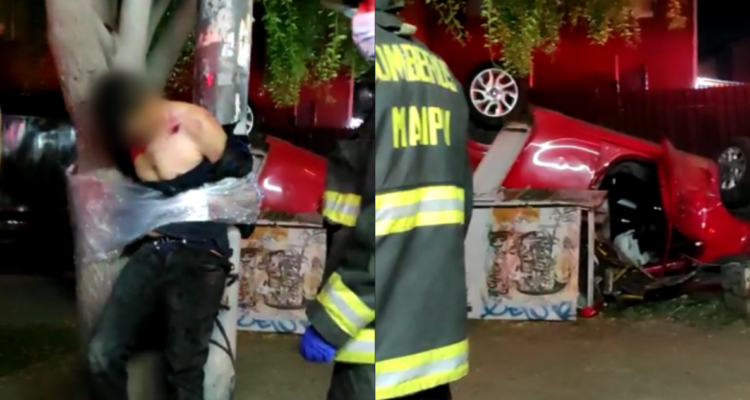 Detención ciudadana en Maipú: amarran a un árbol a hombre que volcó un auto robado