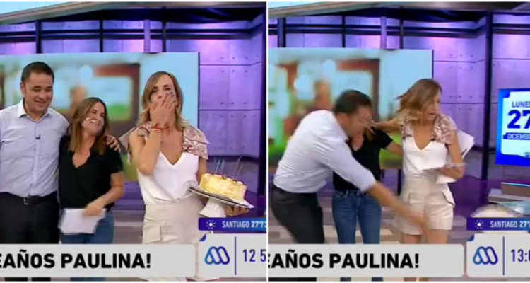 El momento en el que Diana Bolocco deja caer la torta de su colega.