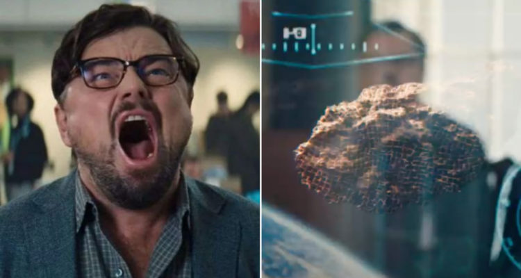 Leo DiCaprio aparece gritando, a su vez que a un lado hay una captura del asteroide que chocaría con la Tierra en la película.
