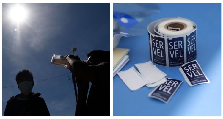 Foto conjunta de persona tomando agua y stickers del Servel: segunda vuelta del domingo estará dominada por altas temperaturas