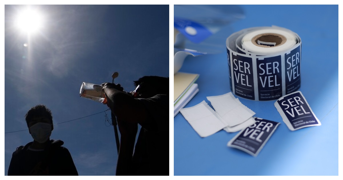 Foto conjunta de persona tomando agua y stickers del Servel: segunda vuelta del domingo estará dominada por altas temperaturas