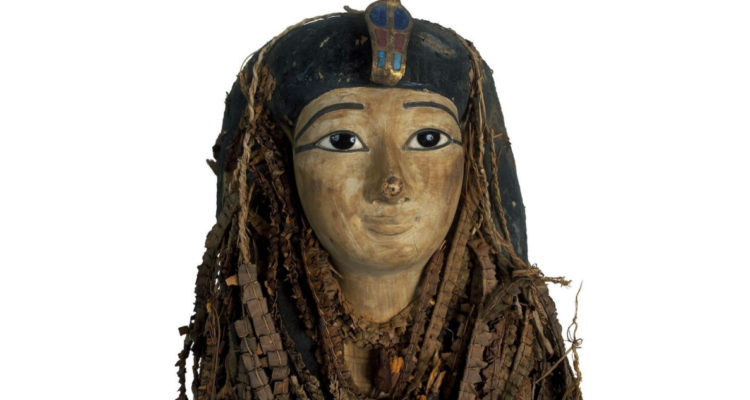 Una fotografía del exterior de la momia. El féretro todavía tiene flores que le dejaron sus súbditos.