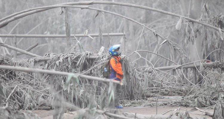 Un agente de la autoridad observa un área cubierta de ceniza procedente de la erupción del volcán.