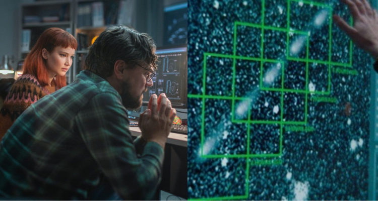 Los actores Jennifer Lawrence y Leonardo DiCaprio viendo preocupados los computadores abjo sus papeles en Don’t Look Up. A su lado, se ve el asteroide protagonista de la película.