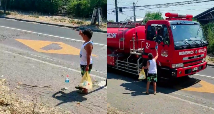 Niño se vuelve viral al regalar agua a Bomberos que combaten incendio en Quillón