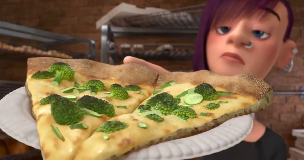 Escena donde se ve una pizza de brócoli en la película Intensamente.