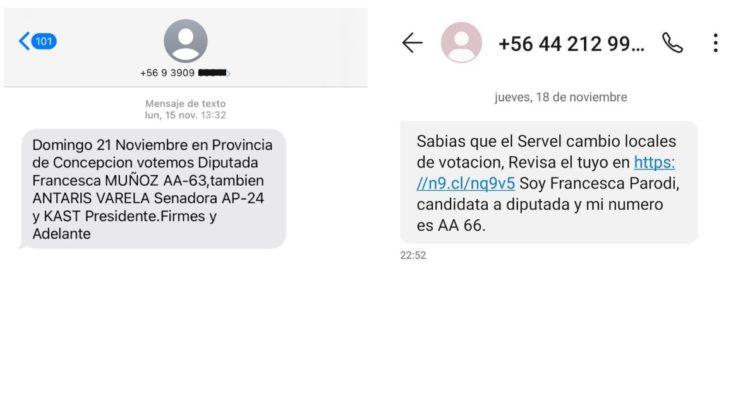 Mensajes enviados por candidatos al Congreso mediante SMS.