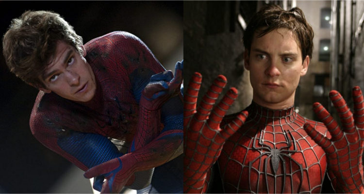 En la imagen Andrew Garfield en su traje de Spider-Man y Tobey Maguire interpretando al mismo héroe.