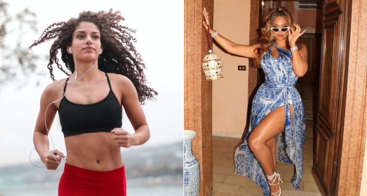 En la imagen, una chica corre mientras escucha música con sus audífonos y a su lado una fotografía de Beyoncé.